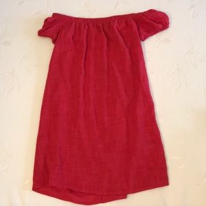 Red off the shoulder dress with small puff sleeves